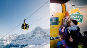 Skidgondol och glada skidåkare.